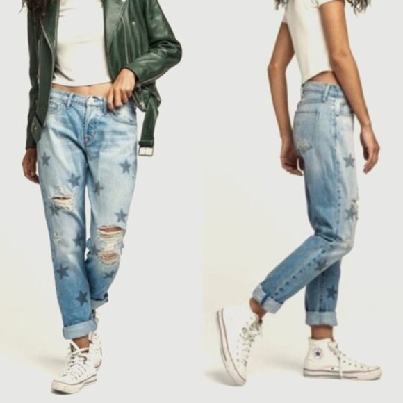 Sz 25 Hudson Riley Star Studded Jeans Crop Relaxed Straight - Picture 1 of 15